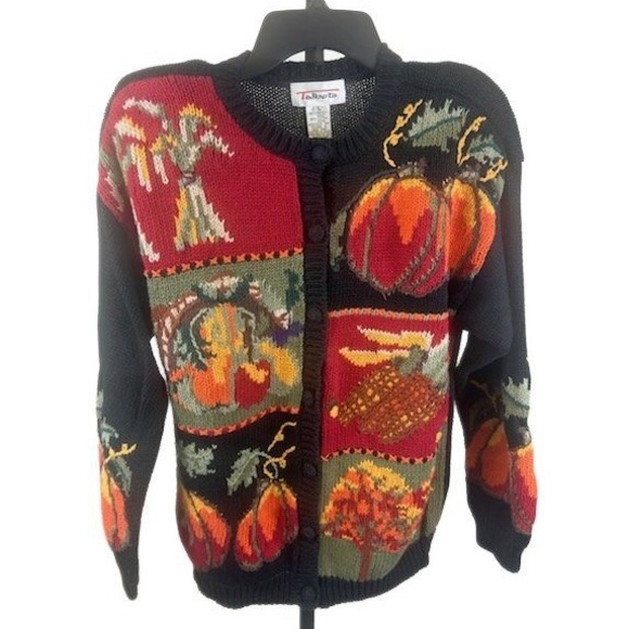 Vintage Talbots Cardigan Sweater Black Fall Autumn Thanksgiving Pumpkin Large - Picture 1 of 6